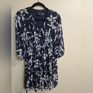 Just Taylor Womens V-Neck  Waist Blue Floral Chiffon Dress Sz 2 100% Polyester
